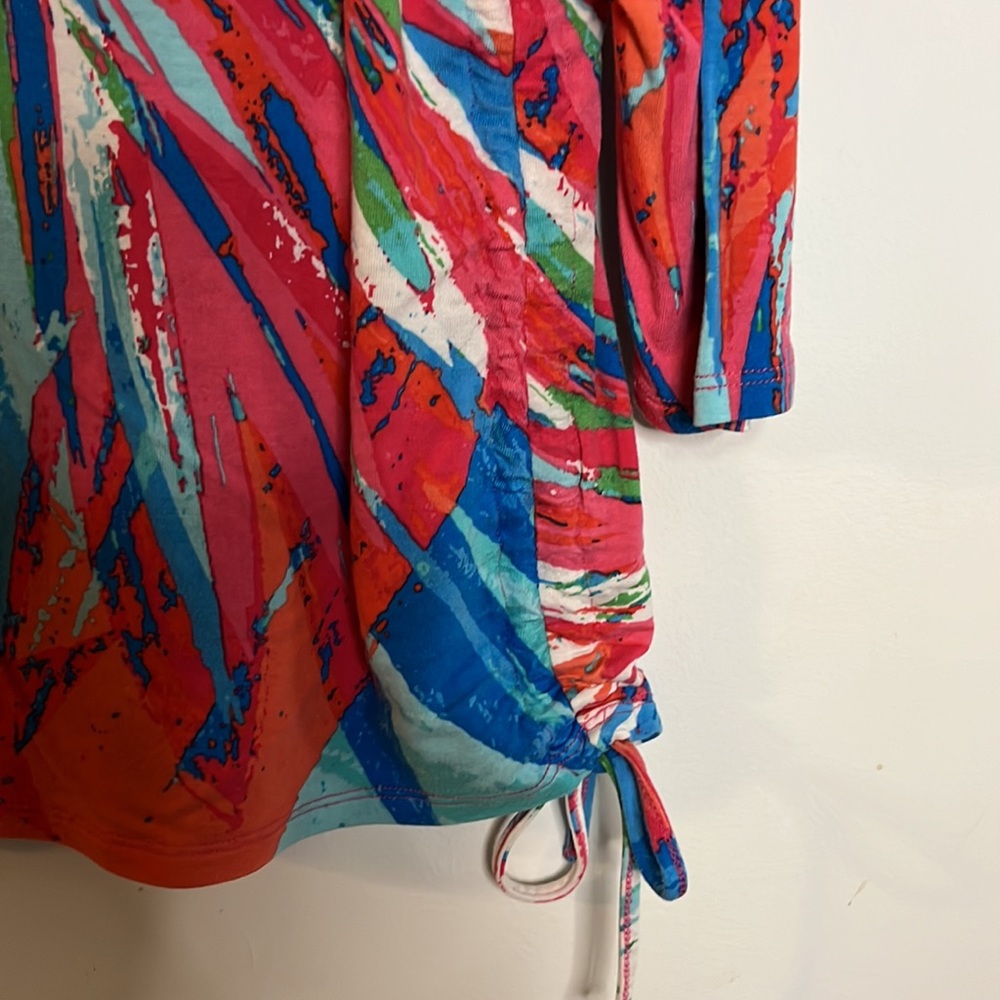 Ruby Rd. Tropical Abstract Print Ruched 3/4 Sleeve Knit Top Size L - Picture 4 of 5